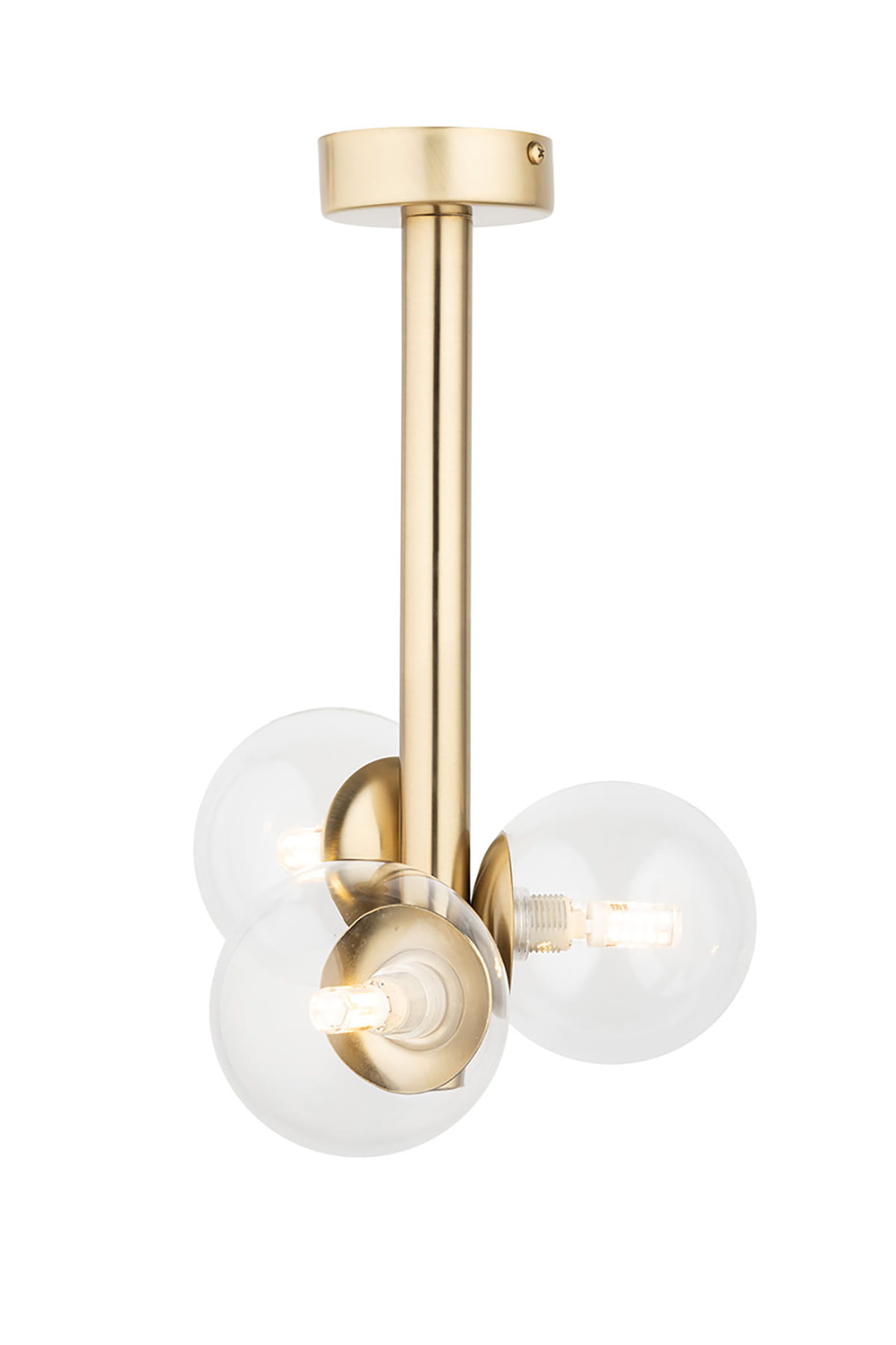 Lampa wisząca Perla Lux 3xG9 w kolorze złotym z przezroczystymi kloszami. Produkt złożony z metalowej podstawy i trzech okrągłych kloszy, zawieszony na długim, prostym ramieniu. Ujęcie frontalne, na białym tle.