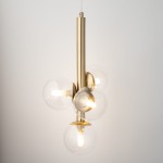 Lampa wisząca Perla Lux z czterema żarówkami G9, złota z przezroczystymi kloszami. Centralny metalowy słup z kulistymi kloszami, wisząca konstrukcja, nowoczesny design, idealna do aranżacji wnętrz.
