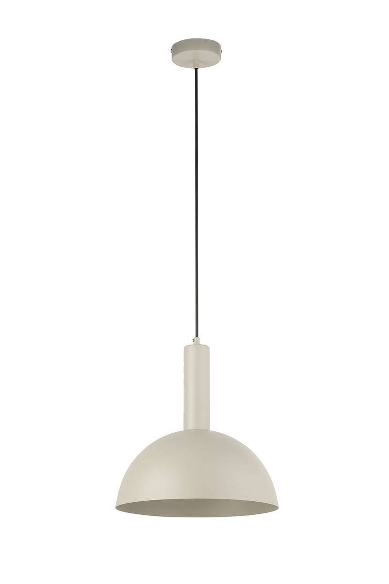 Lampa wisząca Vitrum Kopuła D30 w szaro-beżowym kolorze, z metalowym kloszem w kształcie półkuli. Ujęcie frontalne, zawieszona na czarnym przewodzie, z okrągłym mocowaniem sufitowym. Przeznaczona na żarówkę E27.