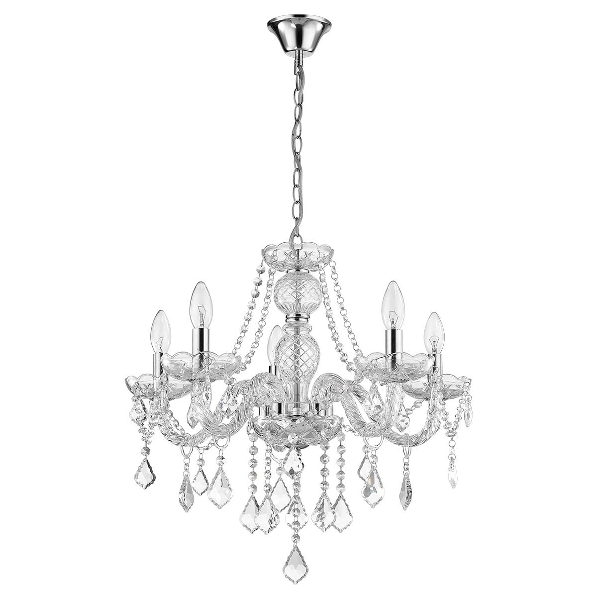 Żyrandol Cristallo 5-punktowy LP-2940/5P w stylu klasycznym, z metalowymi elementami w kolorze chromu i kryształowymi zdobieniami. Posiada pięć miejsc na żarówki, wiszący kształt z łańcuchami oraz dekoracyjne kryształy zwisające z ramion.