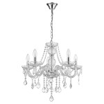 Żyrandol Cristallo 5-punktowy LP-2940/5P w stylu klasycznym, z metalowymi elementami w kolorze chromu i kryształowymi zdobieniami. Posiada pięć miejsc na żarówki, wiszący kształt z łańcuchami oraz dekoracyjne kryształy zwisające z ramion.
