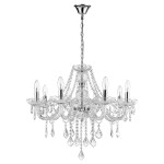 Żyrandol Cristallo 8-punktowy LP-2940/8P w kolorze przezroczystym z chromowanymi elementami. Ośmioramienny, z dekoracyjnymi kryształkami i łańcuszkami. Ujęcie frontalne, zawieszony na długim łańcuchu, idealny do eleganckich wnętrz.