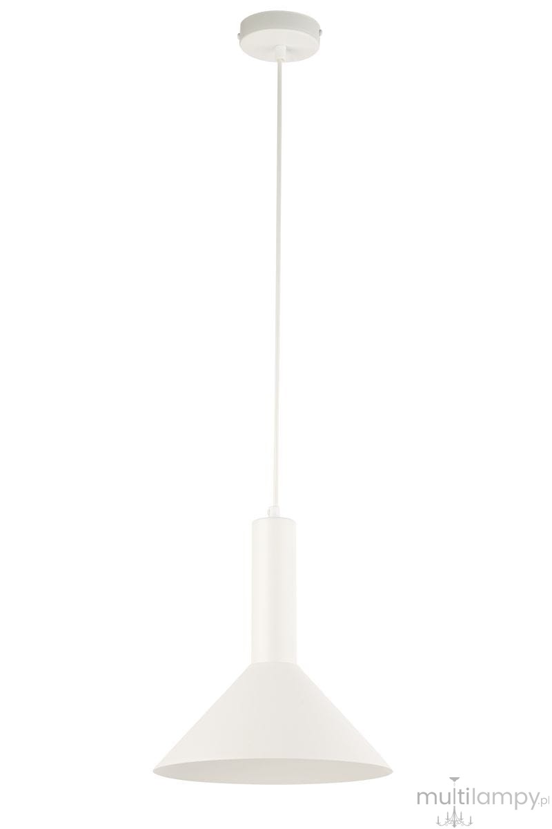 Lampa wisząca Vitrum Stożek D26 w kolorze białym, z kloszem w kształcie stożka, zawieszona na cienkim przewodzie. Posiada miejsce na żarówkę E27. Ujęcie frontalne, na jednolitym tle.