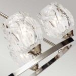 Lampa wisząca Rubin z sześcioma kloszami G9, wykonana z przezroczystego szkła z dekoracyjnym wzorem, umieszczona na metalowej konstrukcji w satynowym niklu. Klosze mają kształt lekko zaokrąglony, a całość prezentuje się nowocześnie.
