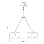 Lampa wisząca Rubin w satynie niklowej, z sześcioma oprawami G9, o prostokątnym kształcie. Ujęcie z boku, ukazujące trzy szklane klosze i metalowy stelaż. Wymiary: średnica 673 mm, wysokość 549 mm. Idealna do nowoczesnych wnętrz.