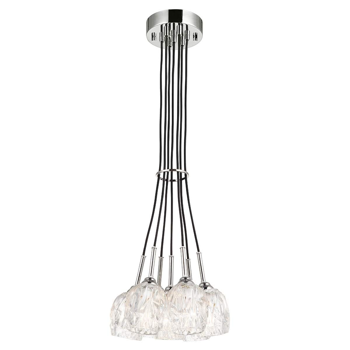 Lampa wisząca Rubin 7xG9 w kolorze satynowego niklu z pięcioma szklanymi kloszami o lekko falistym kształcie, zawieszona na czarnych linkach, montowana sufitowo. Klosze ozdobione są delikatnym wzorem, co podkreśla elegancki design.