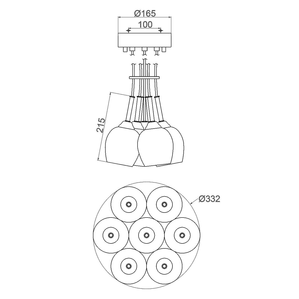 Lampa wisząca Rubin 7xG9 w wykończeniu satynowym niklowym. Posiada okrągły klosz o średnicy 332 mm i wysokości 215 mm, z siedmioma gniazdami G9, zamontowany na prostokątnej podsufitce o średnicy 165 mm.