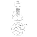 Lampa wisząca Rubin 7xG9 w wykończeniu satynowym niklowym. Posiada okrągły klosz o średnicy 332 mm i wysokości 215 mm, z siedmioma gniazdami G9, zamontowany na prostokątnej podsufitce o średnicy 165 mm.