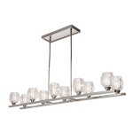 Lampa wisząca Rubin z 10 kloszami G9 w kształcie diamentów, wykonana z niklu satynowego. Posiada prostokątną podstawę i dwa zawieszenia, zapewnia elegancki wygląd w każdym wnętrzu. Klosze szklane, przezroczyste, emitujące ciepłe światło.