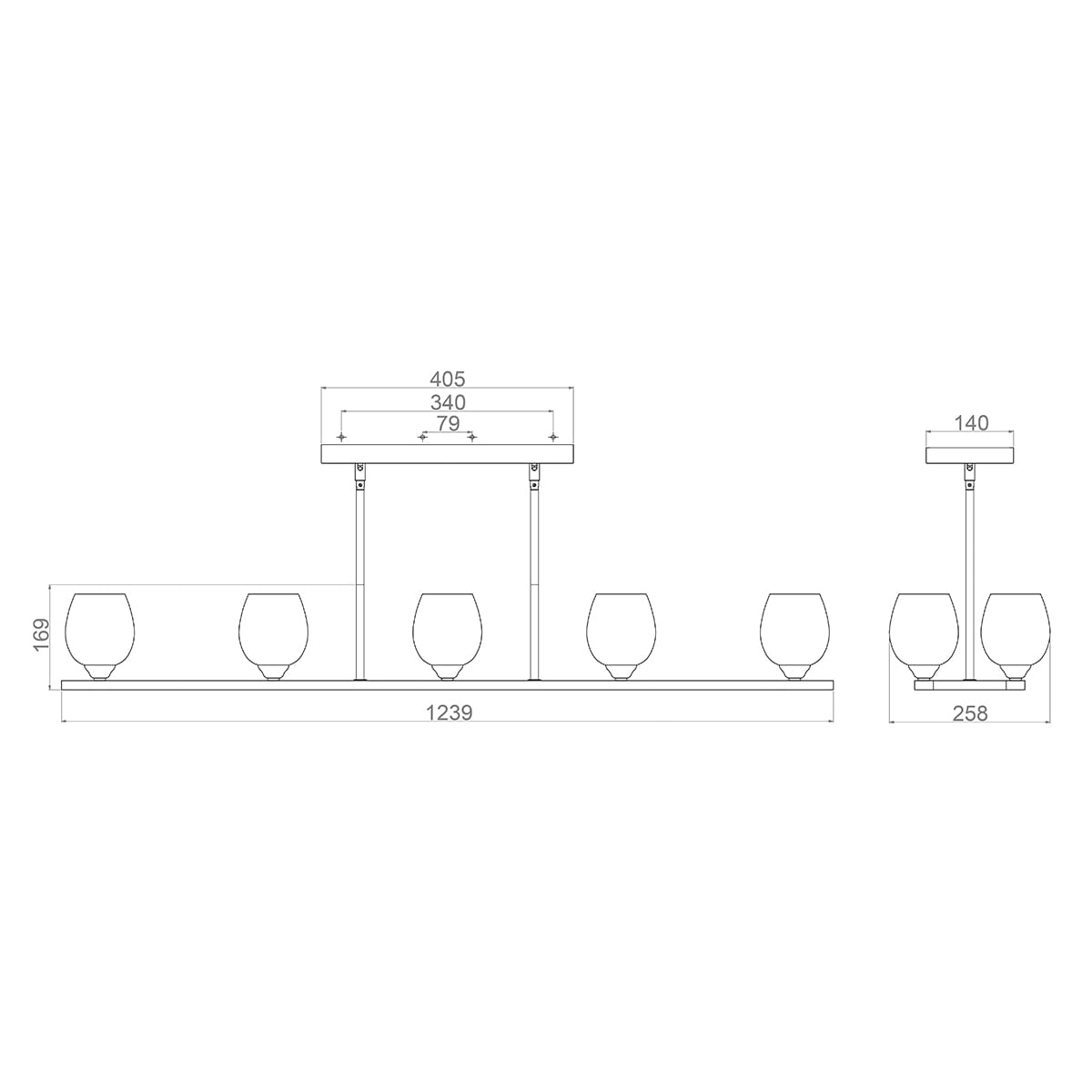 Lampa wisząca Rubin 10xG9 w kolorze satyny nikiel. Oferuje prostokątną podstawę z pięcioma szklanymi kloszami w kształcie kielicha. Wymiary: długość 1239 mm, wysokość 169 mm, szerokość 405 mm. Ujęcie frontalne.