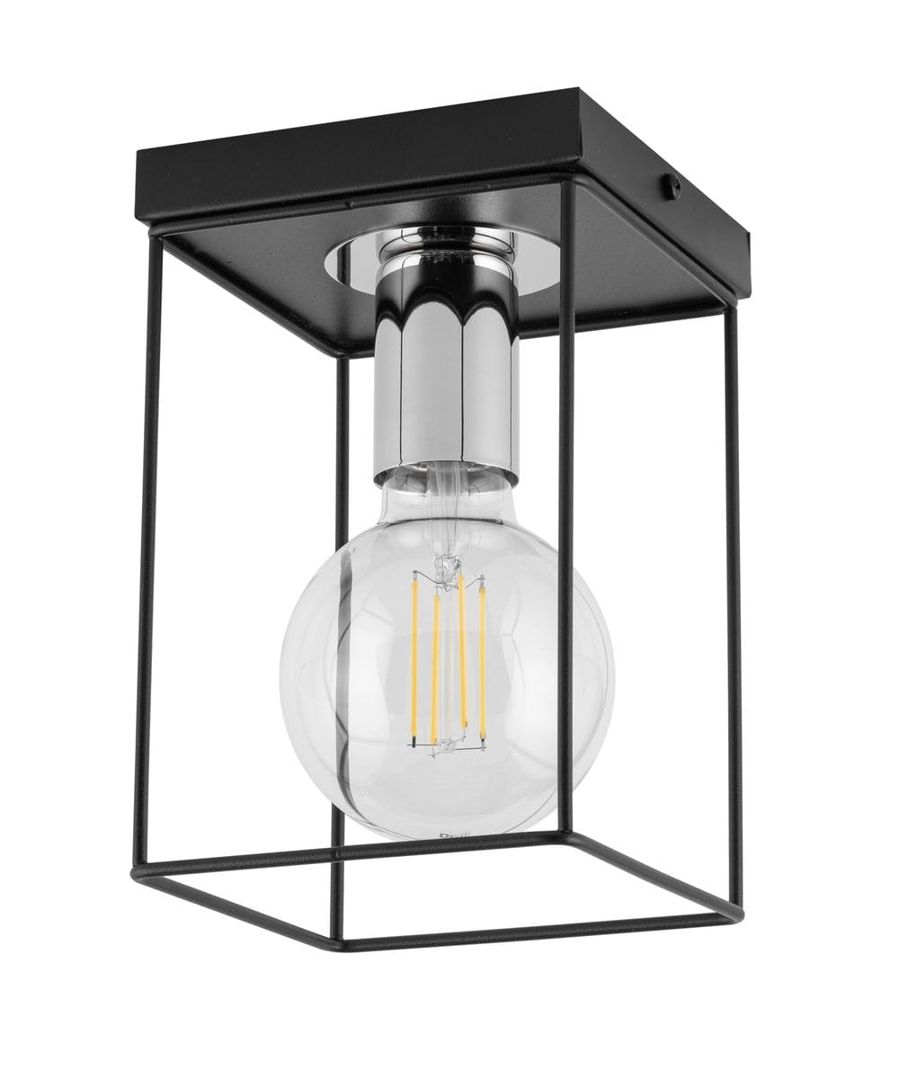 Lampa sufitowa Vox w kolorze czarnym i srebrnym, z metalową ramką w kształcie sześcianu, z żarówką E27 w szklanej obudowie. Produkt widoczny z boku, zawieszony pod sufitem, ukazujący detale konstrukcji i źródła światła.