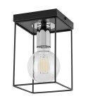 Lampa sufitowa Vox w kolorze czarnym i srebrnym, z metalową ramką w kształcie sześcianu, z żarówką E27 w szklanej obudowie. Produkt widoczny z boku, zawieszony pod sufitem, ukazujący detale konstrukcji i źródła światła.