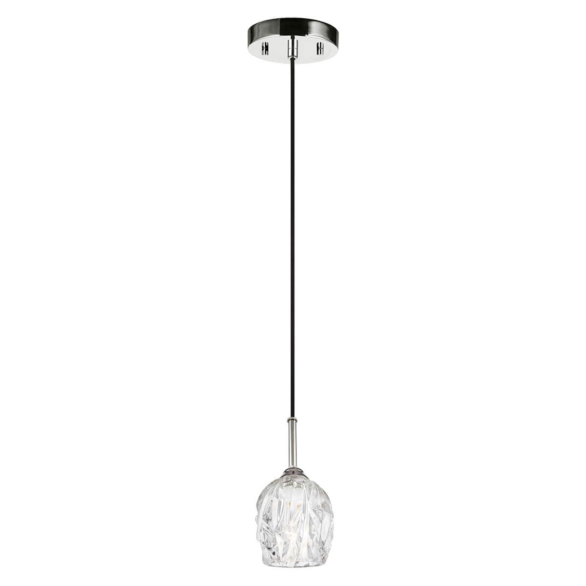 Lampa wisząca Rubin w kolorze satynowego niklu z przezroczystym kloszem o dekoracyjnym wzorze, zawieszona na cienkim przewodzie. Klosz ma okrągły kształt, a jego faktura przypomina krystaliczne wykończenie.