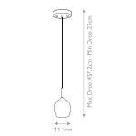 Lampa wisząca Rubin w satynowym niklu, z pojedynczym źródłem światła G9. Wyposażona w czarny kabel o regulowanej długości (min. 27 cm, max. 457,2 cm). Klosz o organicznym kształcie, średnica 11,1 cm, zamontowana na okrągłej podsufitce.