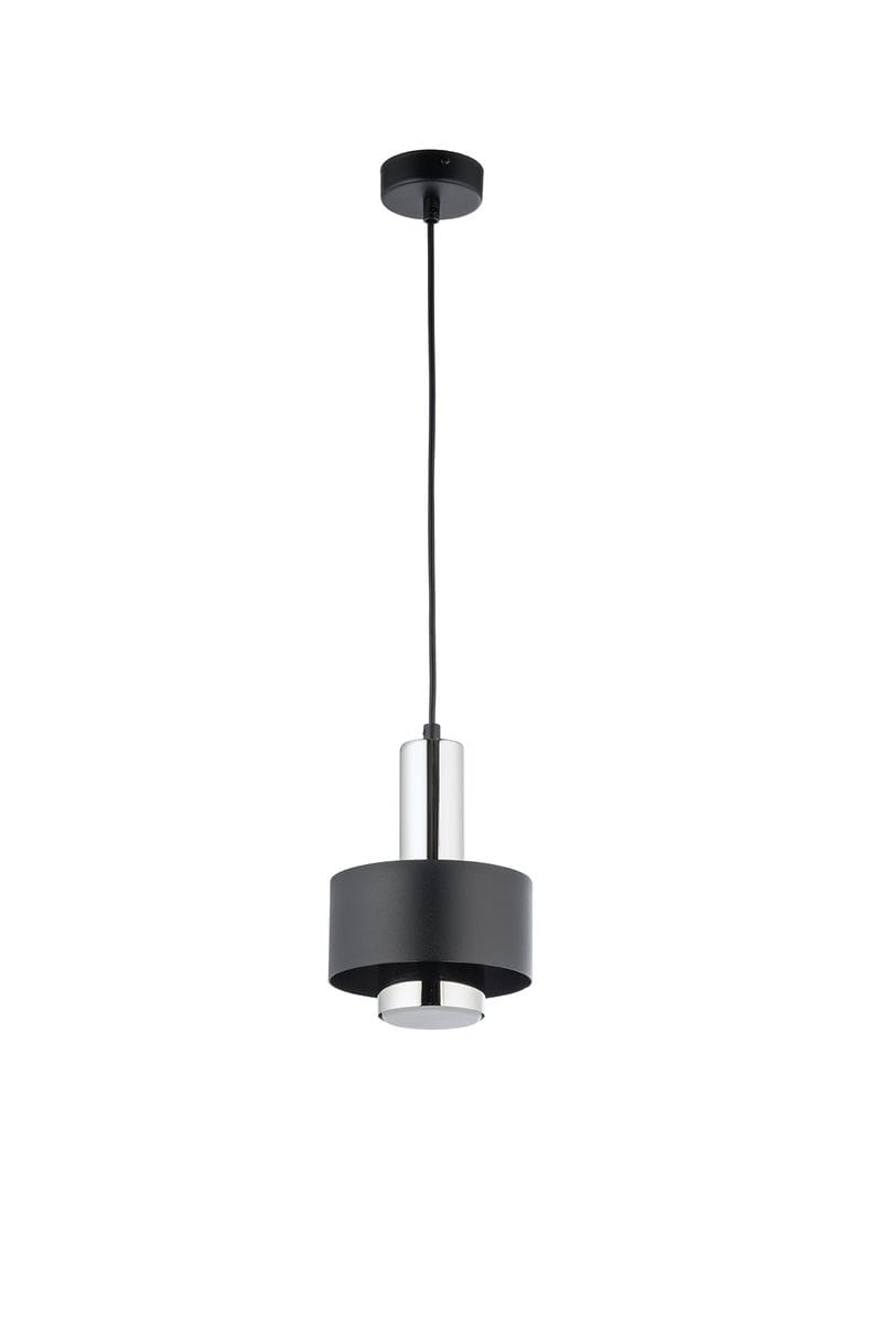 Lampa wisząca Rif Lux D15 w kolorze czarnym i srebrnym z jedną oprawą GX53. Posiada cylindryczny kształt z matowym wykończeniem oraz metalowy element w górnej części. Zawieszona na czarnym przewodzie z okrągłym mocowaniem sufitowym.