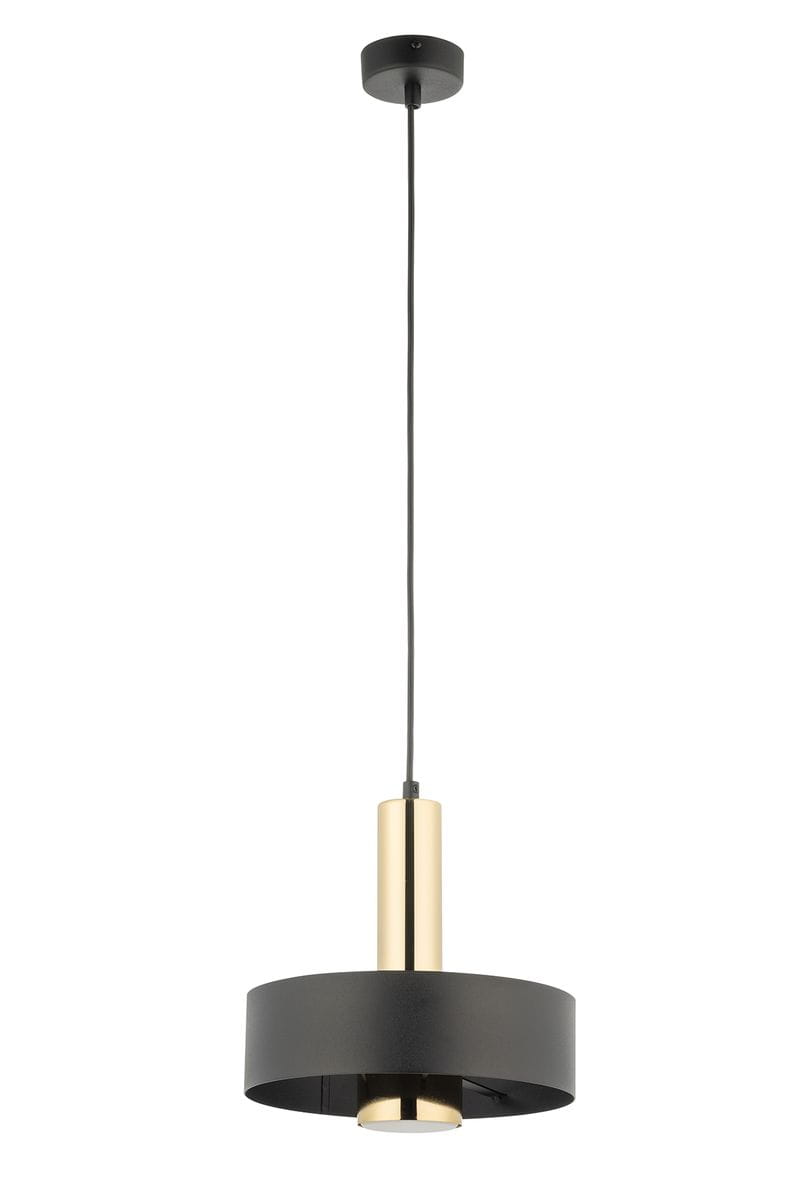 Lampa wisząca Rif Lux D25 w kolorze czarnym i złotym, z okrągłym, matowym kloszem i błyszczącym, cylindrycznym elementem. Zamocowana na długim kablu, z widocznym gniazdem na żarówkę GX53. Ujęcie frontalne.