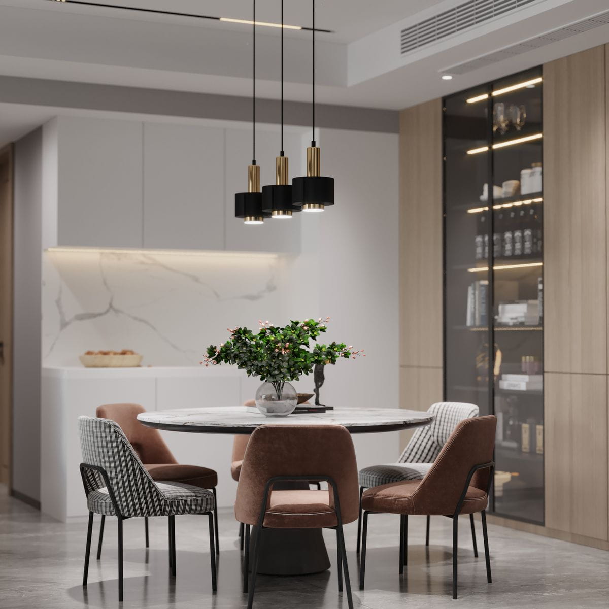 Lampa wisząca Rif Lux 3xGX53 w kolorze czarnym z złotymi akcentami, zawieszona nad okrągłym stołem, w nowoczesnej aranżacji jadalni. Widoczne elementy to trzy okrągłe klosze i elegancki stół z marmurowym blatem.