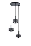 Lampa wisząca Rif Lux z trzema źródłami światła GX53, w kolorze czarnym i srebrnym. Kształt cylindryczny, zawieszona na długich przewodach. Górna część z matowego metalu, dolne elementy w połysku. Montaż sufitowy, frontalne ujęcie.