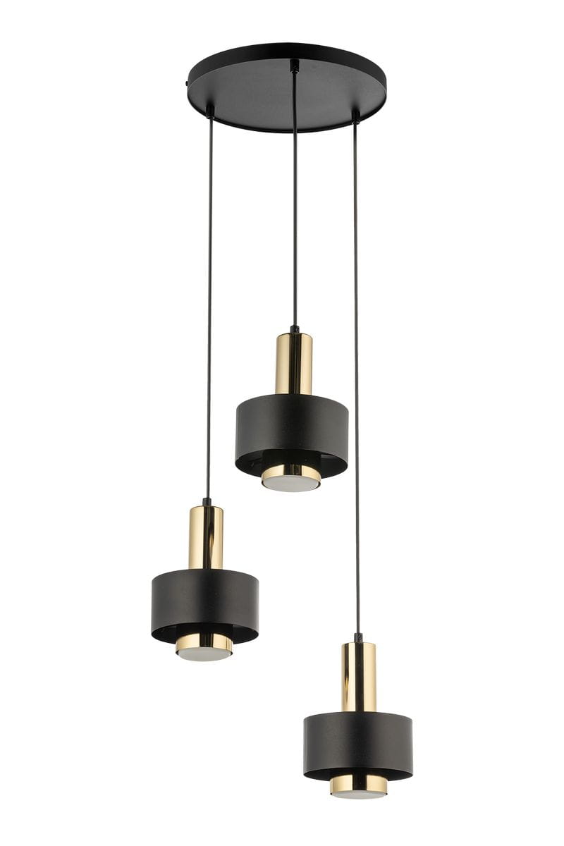 Lampa wisząca Rif Lux w kolorze czarnym z złotymi detali, składająca się z trzech okrągłych kloszy na długich przewodach. Klosze mają matowe wykończenie, a każdy z nich wyposażony jest w źródło światła GX53. Zamontowana na okrągłej podstawie sufitowej.