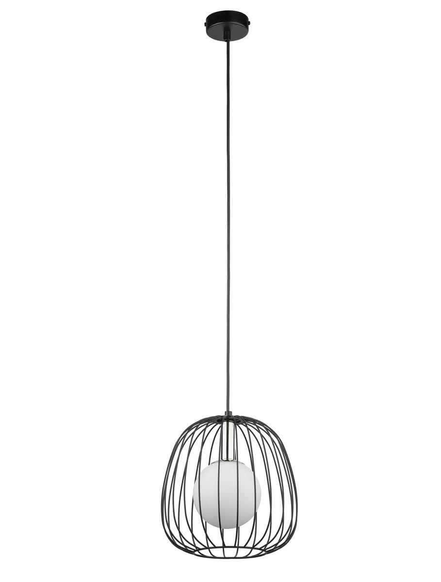 Lampa wisząca Bell D24 z czarną metalową kloszem w formie siatki, w której znajduje się okrągła, biała żarówka G9. Produkt zawieszony na długim, czarnym kablu, montowany do sufitu. Proste tło podkreśla design lampy.