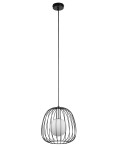 Lampa wisząca Bell D24 z czarną metalową kloszem w formie siatki, w której znajduje się okrągła, biała żarówka G9. Produkt zawieszony na długim, czarnym kablu, montowany do sufitu. Proste tło podkreśla design lampy.