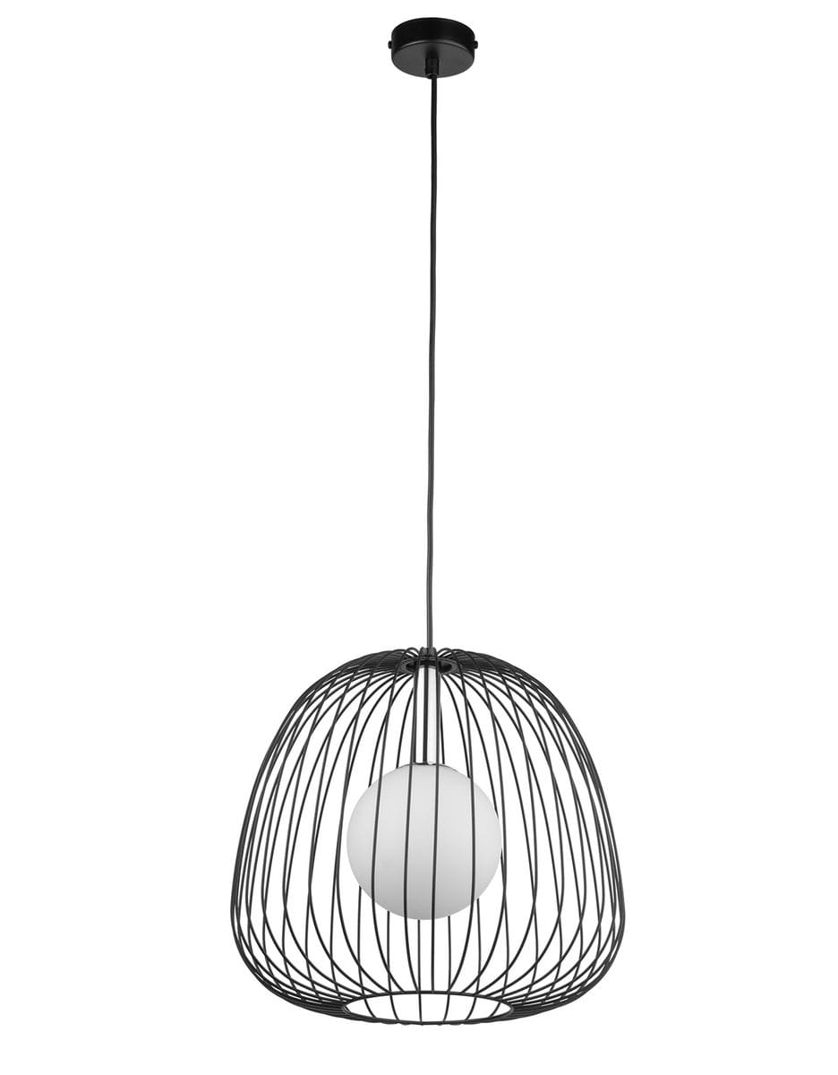 Lampa wisząca Bell D33 w kolorze czarnym i srebrnym, z metalową siatką, zawieszona na długim przewodzie. Wewnątrz znajduje się okrągła żarówka G9. Kąt ujęcia frontalny, na prostym białym tle.