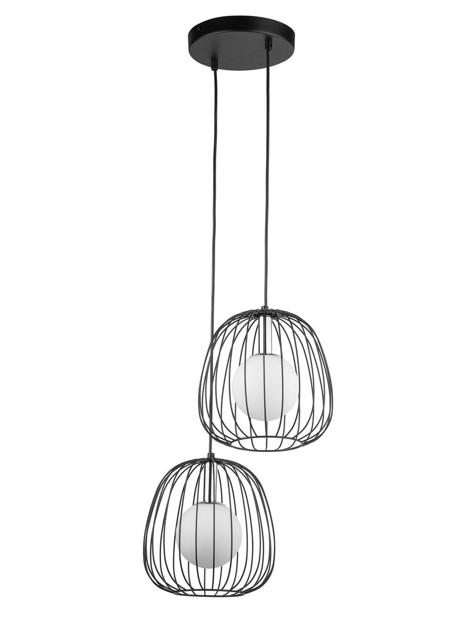 Lampa wisząca Bell z dwoma kloszami, czarna metalowa konstrukcja z siatki, zawieszone na czarnych przewodach. Klosze w kształcie kul z mlecznego szkła, umieszczone w dolnej części lampy. Montaż sufitowy, nowoczesny design.