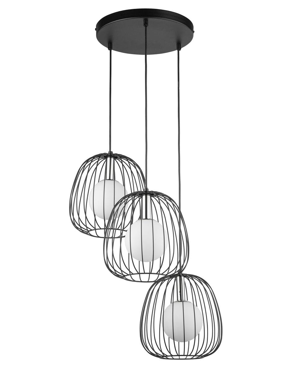 Wisząca lampa Bell z trzema kloszami w formie metalowych klatek w kolorze czarnym, z białymi kulistymi żarówkami G9. Produkt zawieszony na czarnych linkach, montowany do sufitu. Prosta, nowoczesna forma.