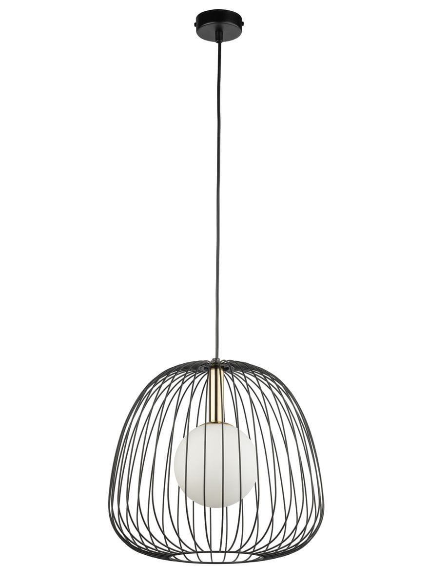 Lampa wisząca Bell D33 w kolorze czarnym i złotym. Okrągła, biała żarówka G9 umieszczona w metalowej klatce o zaokrąglonym kształcie. Zawieszona na długim, czarnym przewodzie. Tło białe, uwydatniające detale konstrukcji.