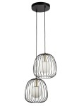 Lampa wisząca Bell z dwoma kloszami w czarnej metalowej siatce, z białymi kulistymi żarówkami. Złote detale przy mocowaniach. Wisi na dwóch czarnych przewodach z okrągłą podstawą sufitową. Idealna do nowoczesnych wnętrz.