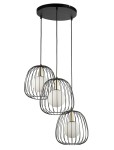 Lampa wisząca Bell z trzema kloszami w kształcie kulistym, osadzonymi w czarnych metalowych klatkach z elementami w kolorze złotym. Montaż sufitowy, zawieszona na długich kablach. Klosze białe, przezroczyste, w minimalistycznym stylu.