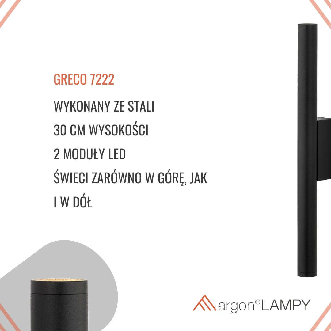 Kinkiet Greco 7222AR w kolorze czarnym, wykonany ze stali, o wysokości 30 cm. Posiada dwa moduły LED, które świecą zarówno w górę, jak i w dół. Prosta, nowoczesna forma z widocznym mocowaniem.
