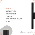 Kinkiet Greco 7222AR w kolorze czarnym, wykonany ze stali, o wysokości 30 cm. Posiada dwa moduły LED, które świecą zarówno w górę, jak i w dół. Prosta, nowoczesna forma z widocznym mocowaniem.