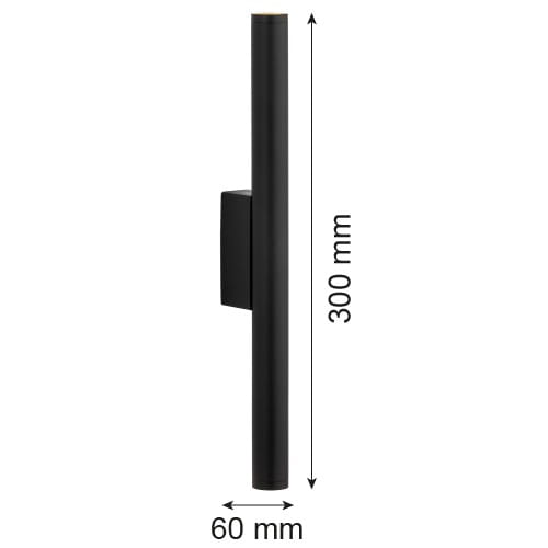 Kinkiet Greco w kolorze czarnym z dwoma źródłami LED o mocy 8,4W. Produkt ma prostokątny kształt o wymiarach 300 mm wysokości i 60 mm szerokości, montowany na ścianie.