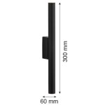 Kinkiet Greco w kolorze czarnym z dwoma źródłami LED o mocy 8,4W. Produkt ma prostokątny kształt o wymiarach 300 mm wysokości i 60 mm szerokości, montowany na ścianie.