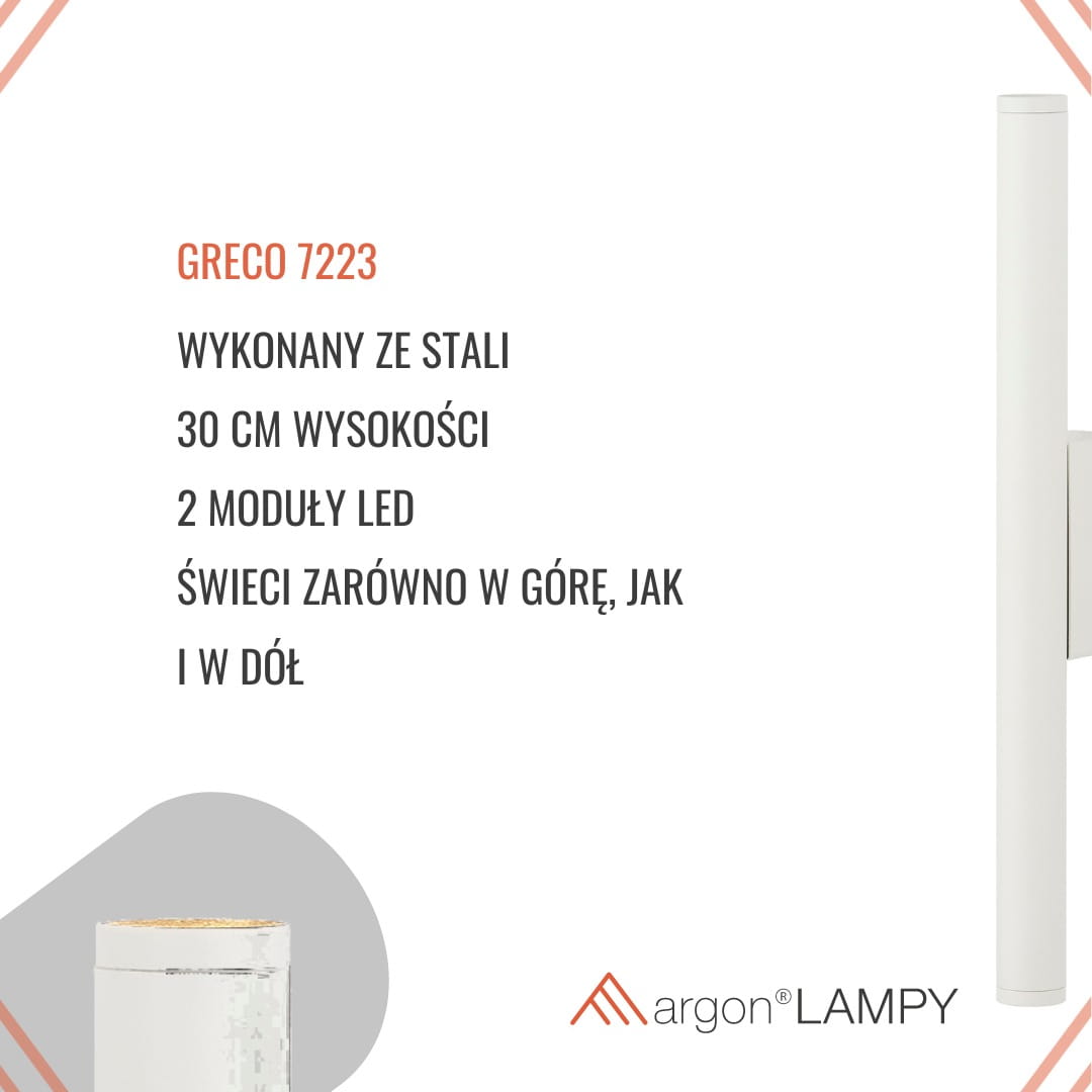 Kinkiet Greco 2xLED/8,4W w kolorze białym wykonany ze stali, o wysokości 30 cm. Posiada dwa moduły LED, które świecą w górę i w dół. Prosty, nowoczesny design, idealny do różnych aranżacji wnętrz.