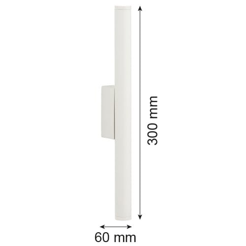 Biały kinkiet Greco z podwójnym źródłem LED o mocy 8,4W. Wysokość 300 mm, szerokość 60 mm, prosty, cylindryczny kształt. Zainstalowany na ścianie, widok z boku.
