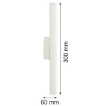 Biały kinkiet Greco z podwójnym źródłem LED o mocy 8,4W. Wysokość 300 mm, szerokość 60 mm, prosty, cylindryczny kształt. Zainstalowany na ścianie, widok z boku.