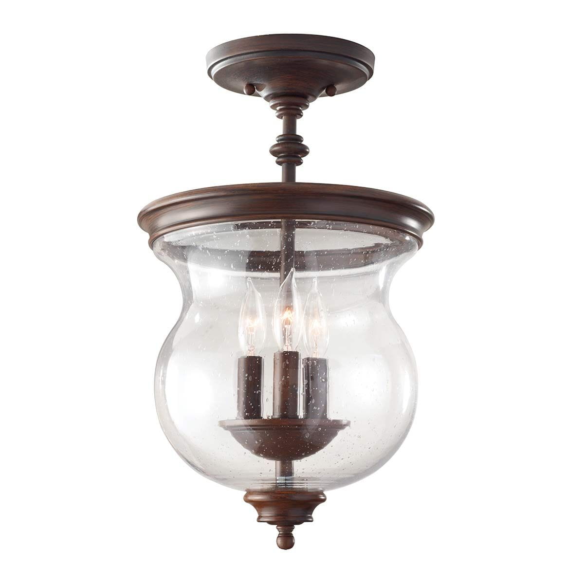 Lampa sufitowa Pickering w starym brązie, z przezroczystym kloszem w kształcie misy. Posiada trzy źródła światła E14, montowana na suficie z dekoracyjnym wykończeniem. Widoczne detale metalowe oraz lekko teksturowane szkło.