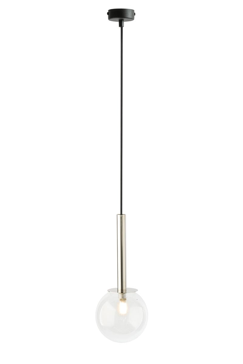 Lampa wisząca Daisy z żarówką G9, w kolorze srebrnym i przezroczystym. Sferyczny klosz ze szkła zawieszony na cienkim, czarnym przewodzie. Minimalistyczny design, idealna do nowoczesnych wnętrz.