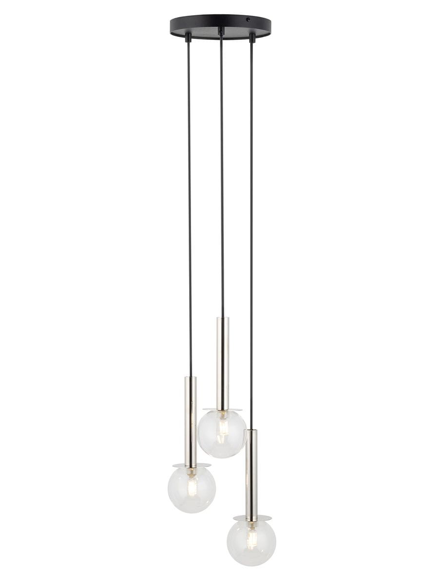 Lampa wisząca Daisy 3xG9 w kolorze srebrnym i transparentnym, składająca się z trzech szklanych kul na długich metalowych rurkach, zawieszona na czarnych przewodach. Całość montowana na okrągłej podstawie sufitowej.