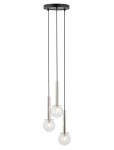 Lampa wisząca Daisy 3xG9 w kolorze srebrnym i transparentnym, składająca się z trzech szklanych kul na długich metalowych rurkach, zawieszona na czarnych przewodach. Całość montowana na okrągłej podstawie sufitowej.