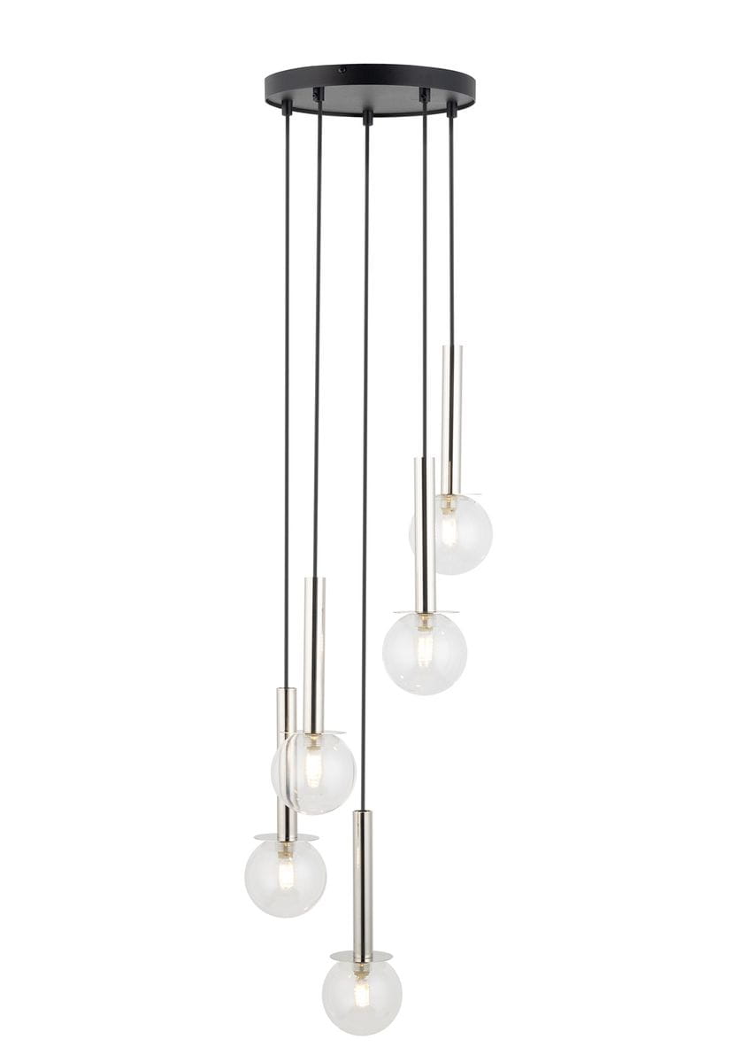 Lampa wisząca Daisy z pięcioma źródłami światła G9, w kolorze srebrnym i przezroczystym. Posiada szklane klosze w formie kul, zawieszone na cienkich linkach, montowana do sufitu, prezentująca nowoczesny design.