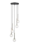 Lampa wisząca Daisy z pięcioma źródłami światła G9, w kolorze srebrnym i przezroczystym. Posiada szklane klosze w formie kul, zawieszone na cienkich linkach, montowana do sufitu, prezentująca nowoczesny design.