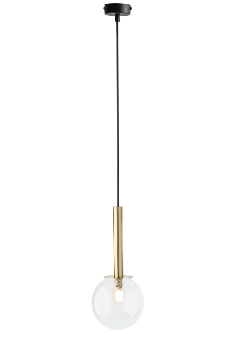 Lampa wisząca Daisy z oprawą w kolorze złotym i przezroczystą kulistą żarówką, zawieszona na cienkim czarnym kablu. Kształt minimalistyczny, z metalowym uchwytem i okrągłą podstawą. Ujęcie frontalne, na jednolitym tle.