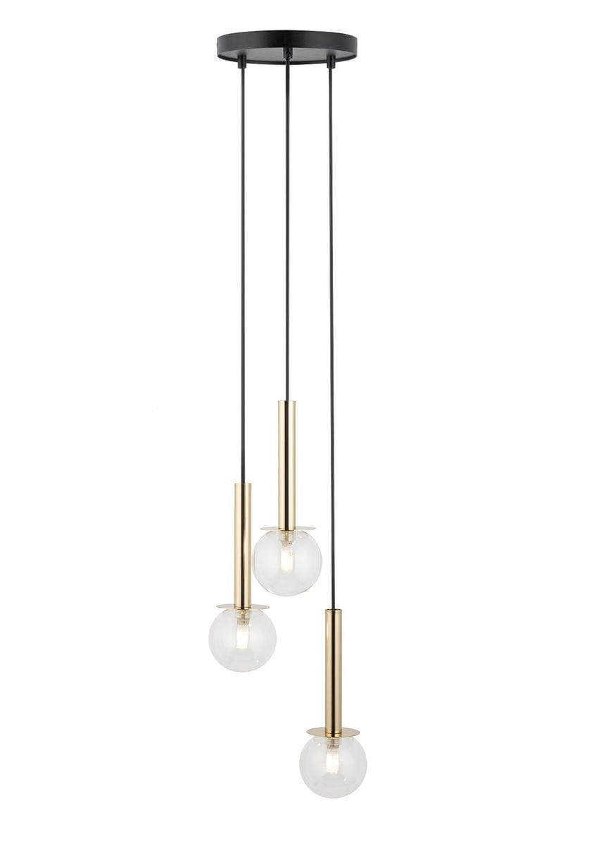 Lampa wisząca Daisy z trzema źródłami światła G9, z metalowymi, złotymi elementami i transparentnymi kulistymi kloszami. Wisząca konstrukcja z czarnymi przewodami, zamontowana na okrągłej podstawie. Idealna do nowoczesnych wnętrz.