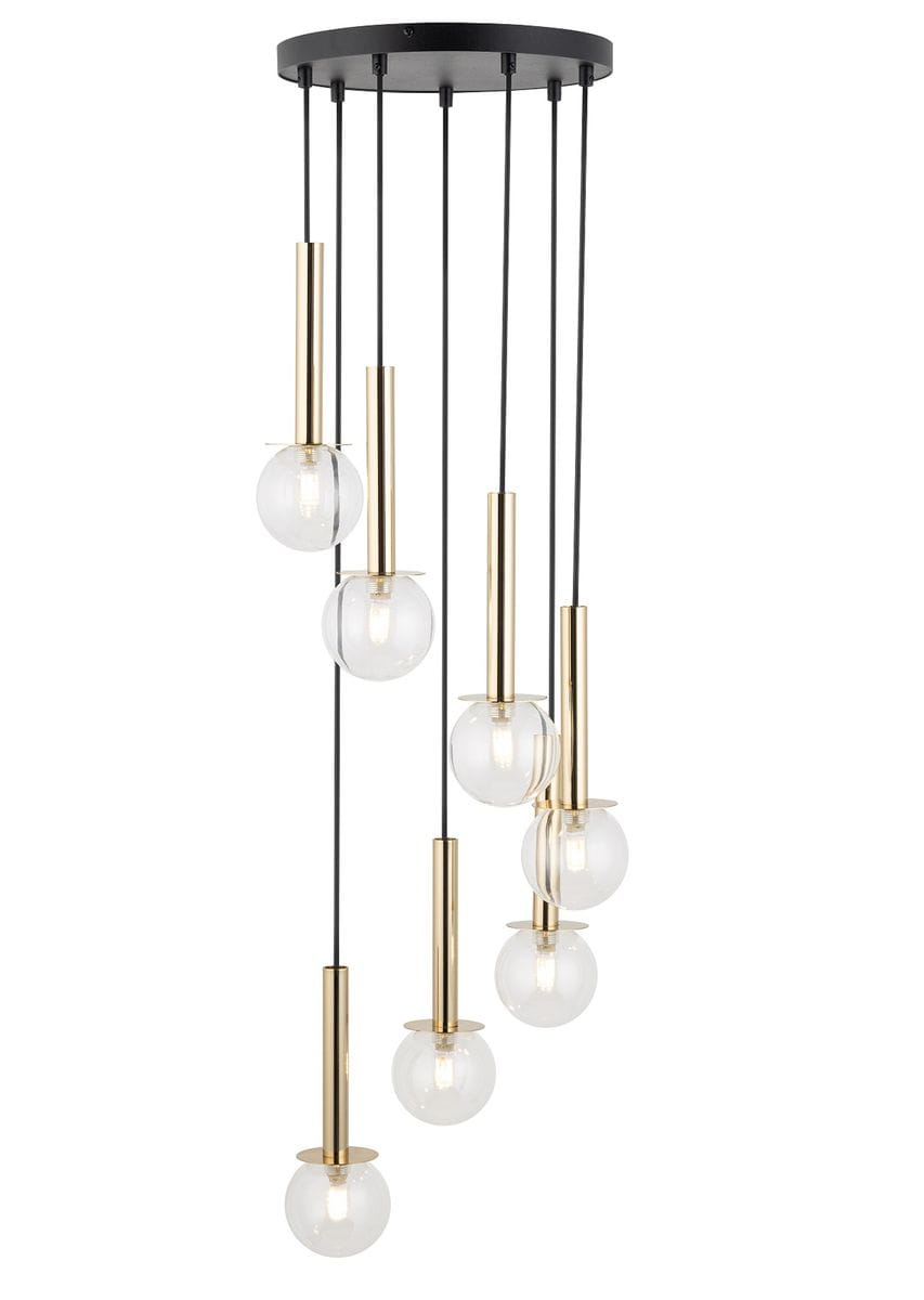 Lampa wisząca Daisy z siedmioma źródłami światła G9, w kolorze złotym i transparentnym. Klosze w kształcie kul z przezroczystego szkła zawieszone na smukłych metalowych prętach. Całość umieszczona na okrągłej, czarnej podstawie.