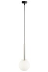 Lampa wisząca Daisy 1xG9 w kolorze srebrnym z białym kloszem w kształcie kuli. Produkt zawieszony na długim, prostym przewodzie, z metalowym mocowaniem. Ujęcie frontalne, na jednolitym tle.