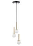 Lampa wisząca Daisy z trzema źródłami światła G9, złote metalowe elementy i białe, okrągłe klosze. Produkt zawieszony na czarnych przewodach, montowany na okrągłej podstawie sufitowej. Idealna do nowoczesnych wnętrz.
