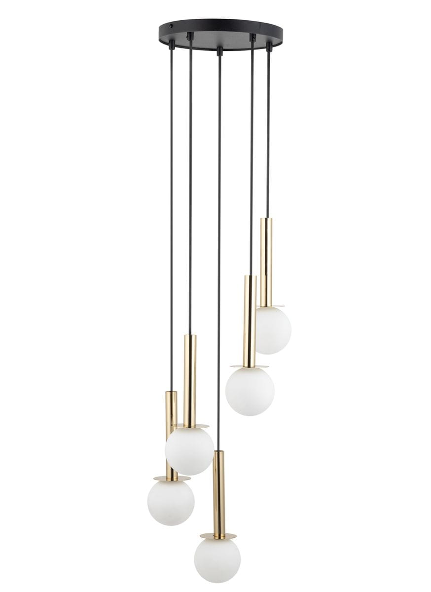 Lampa wisząca Daisy 5xG9 w kolorze złotym i białym. Składa się z pięciu okrągłych, mlecznych kloszy zawieszonych na czarnych przewodach. Elementy metalowe mają złotą teksturę, a całość przymocowana jest do okrągłej podstawy.